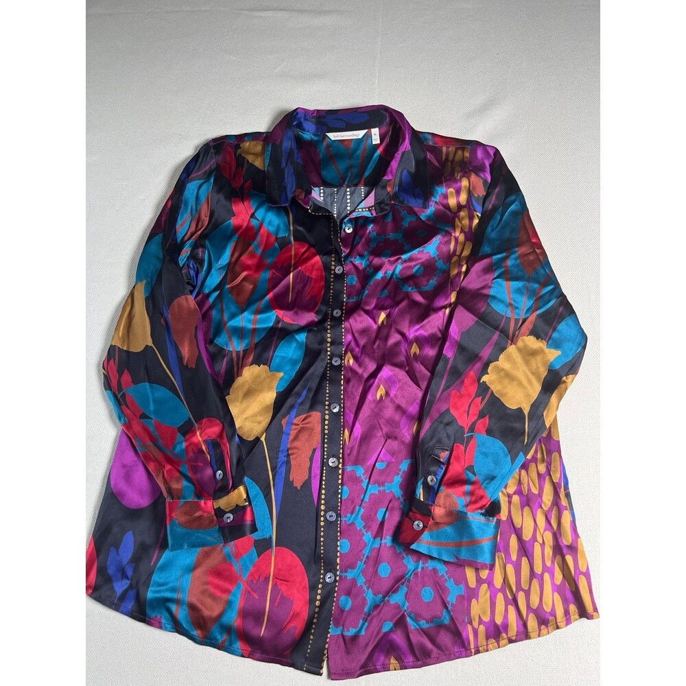 Soft Surroundings abstract print 100% silk button front blouse size XL